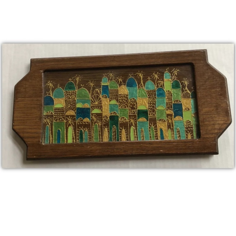Glass Wood Tray Hand Painted JORDAN - Armenian Hagop Kokozian City Chuch Mosques - Picture 7 of 9